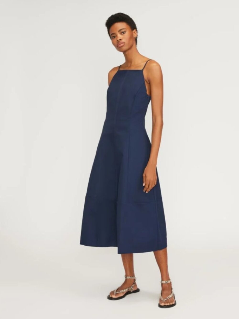 Everlane Navy Cotton Bubble Hem Midi Dress Bell Skirt Spaghetti Strap Sculptural